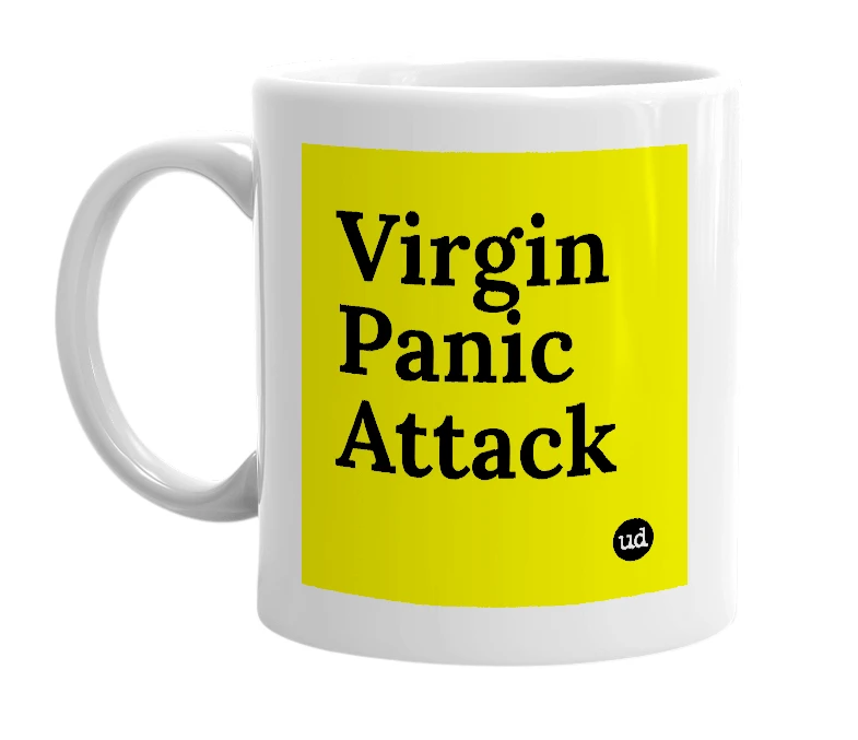 White mug with 'Virgin Panic Attack' in bold black letters