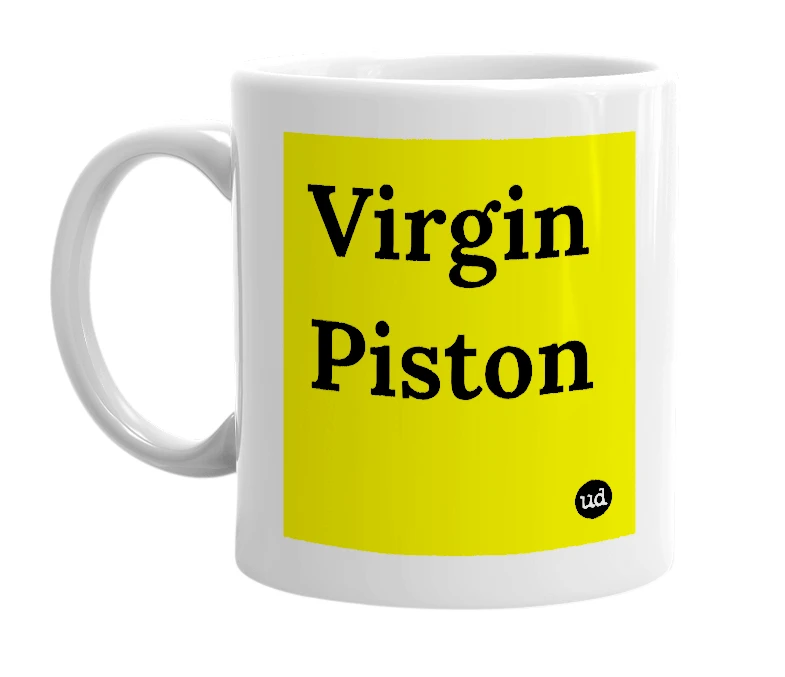 White mug with 'Virgin Piston' in bold black letters