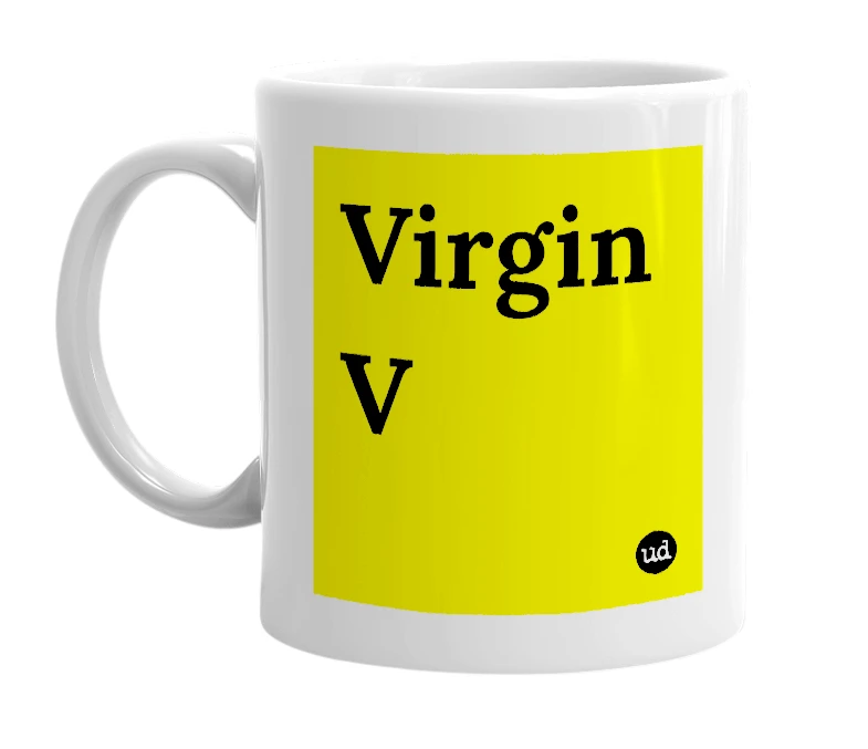 White mug with 'Virgin V' in bold black letters