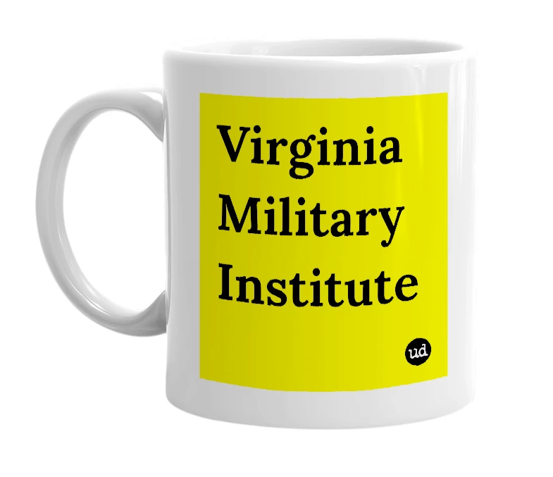 White mug with 'Virginia Military Institute' in bold black letters