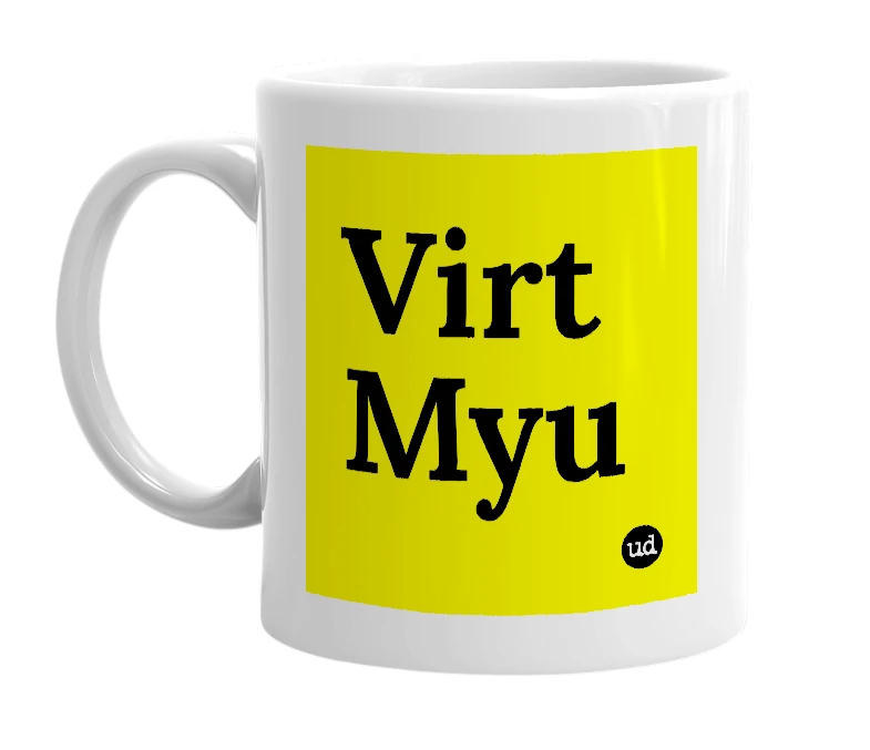 White mug with 'Virt Myu' in bold black letters