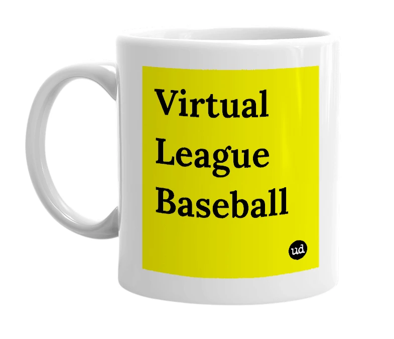 White mug with 'Virtual League Baseball' in bold black letters
