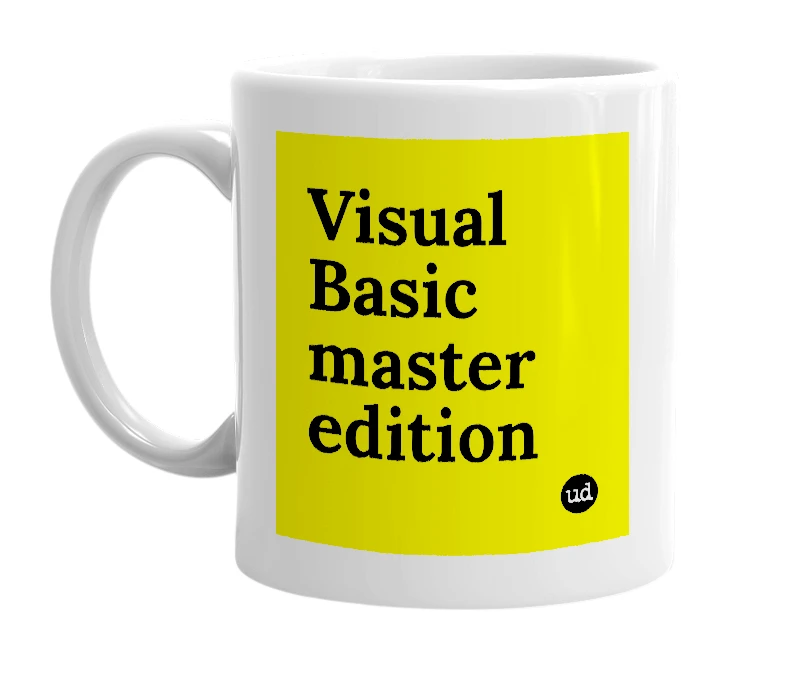 White mug with 'Visual Basic master edition' in bold black letters