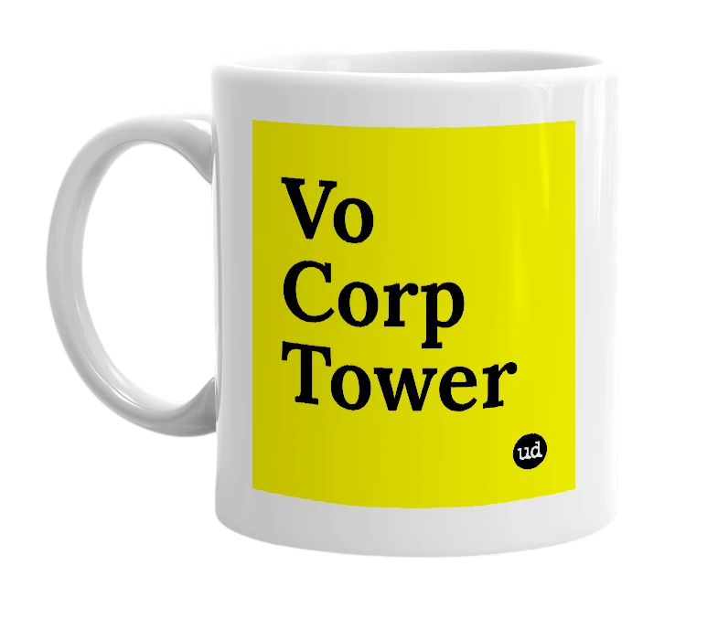 White mug with 'Vo Corp Tower' in bold black letters