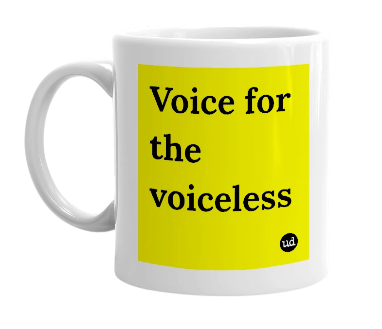 White mug with 'Voice for the voiceless' in bold black letters