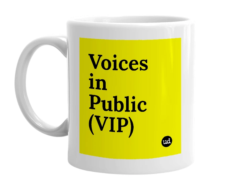 White mug with 'Voices in Public (VIP)' in bold black letters