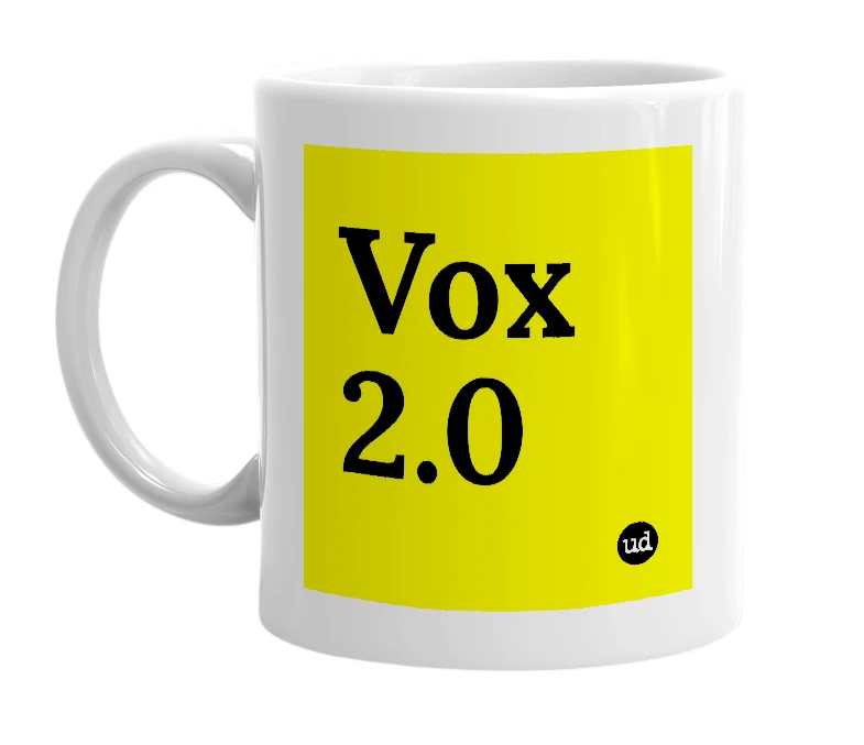 White mug with 'Vox 2.0' in bold black letters