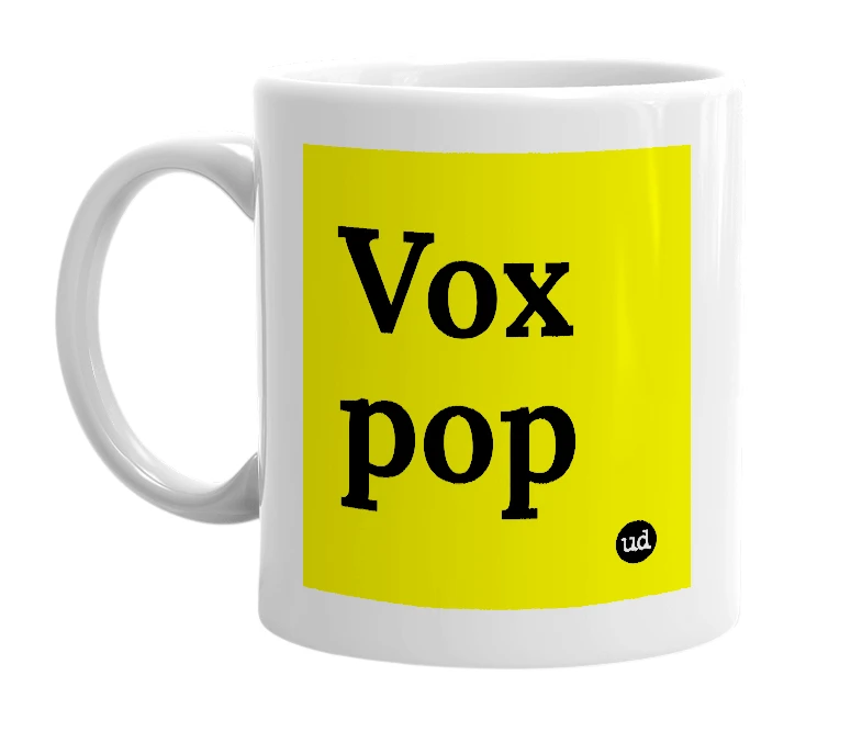 White mug with 'Vox pop' in bold black letters