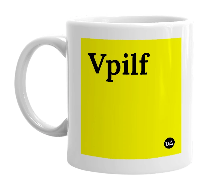 White mug with 'Vpilf' in bold black letters
