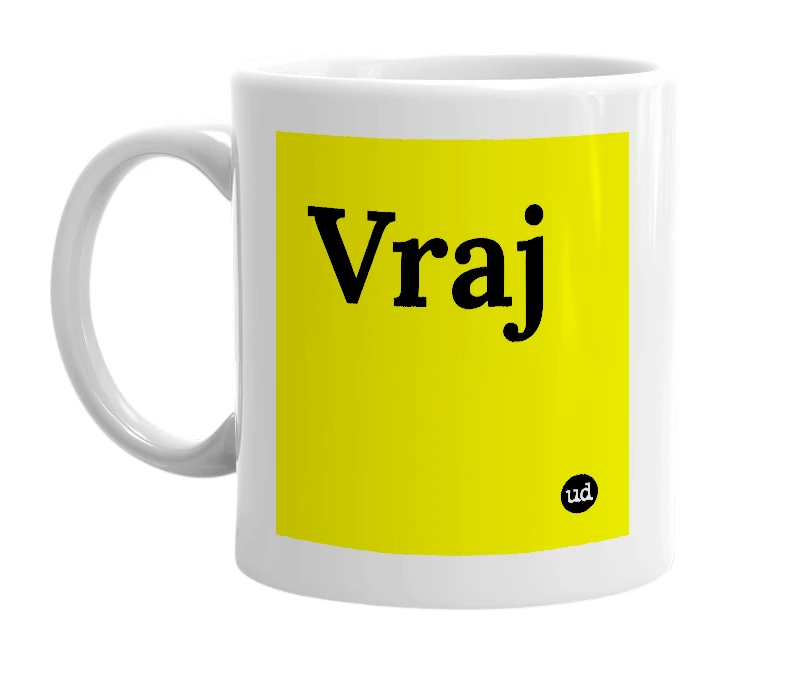 White mug with 'Vraj' in bold black letters