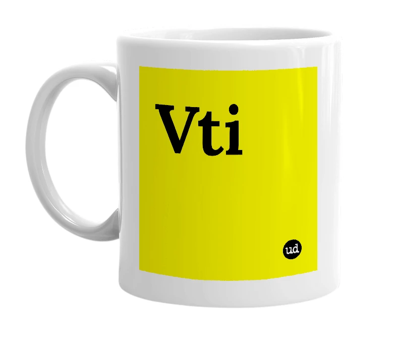 White mug with 'Vti' in bold black letters