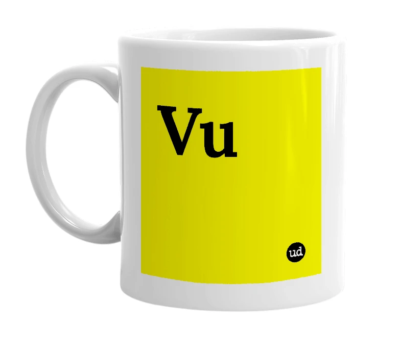 White mug with 'Vu' in bold black letters