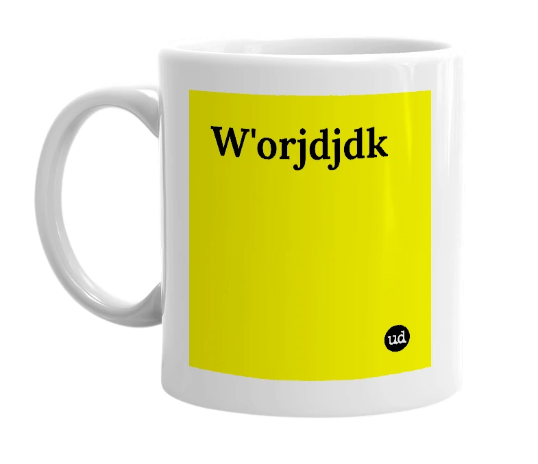 White mug with 'W'orjdjdk' in bold black letters