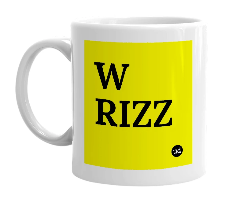 White mug with 'W RIZZ' in bold black letters