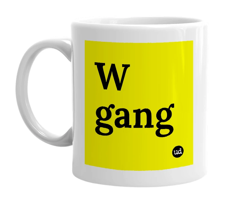 White mug with 'W gang' in bold black letters