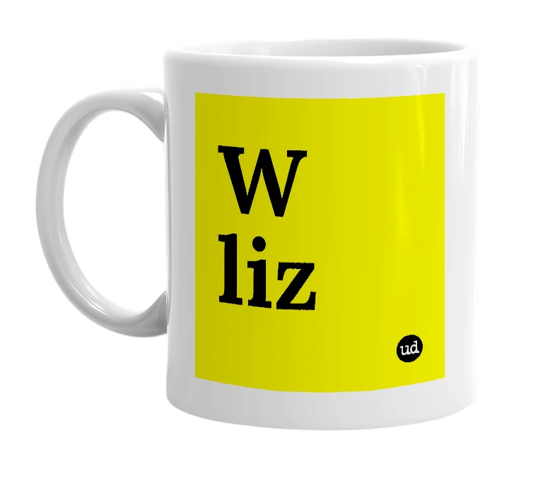White mug with 'W liz' in bold black letters