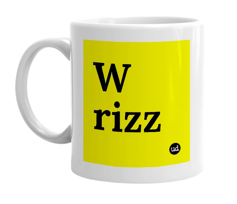 White mug with 'W rizz' in bold black letters