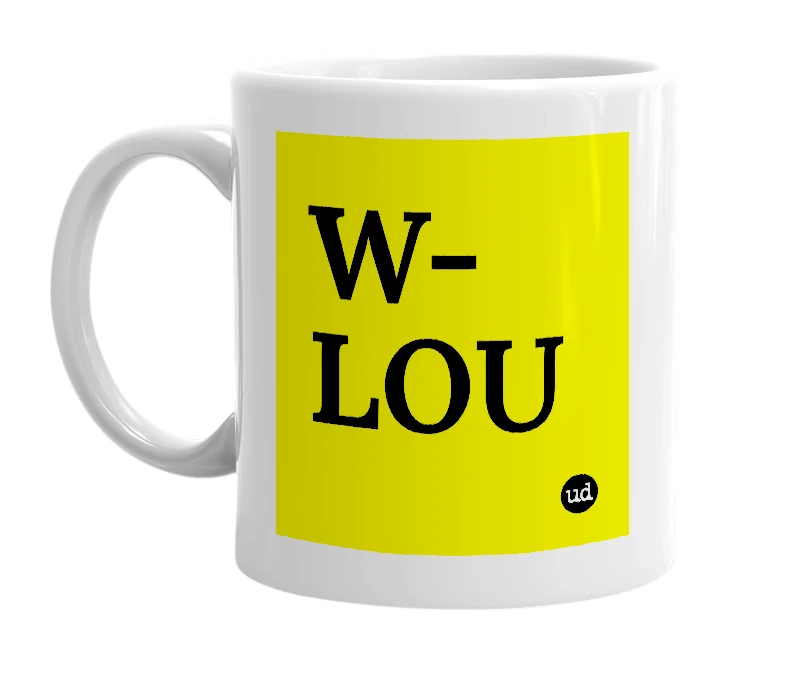 White mug with 'W-LOU' in bold black letters