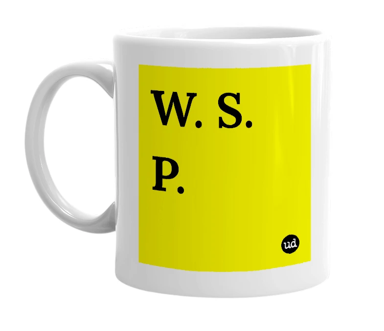 White mug with 'W. S. P.' in bold black letters