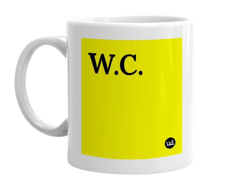 White mug with 'W.C.' in bold black letters