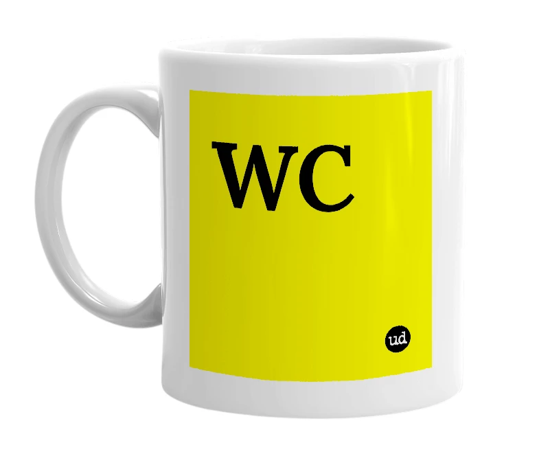 White mug with 'WC' in bold black letters