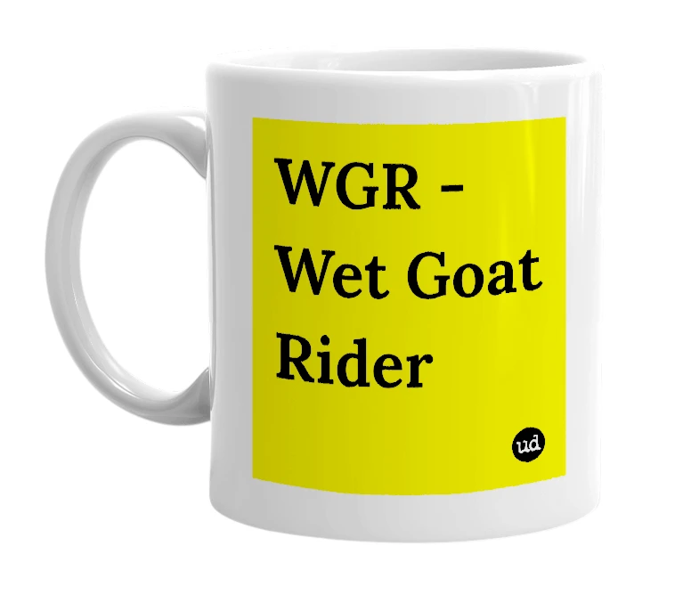 White mug with 'WGR - Wet Goat Rider' in bold black letters