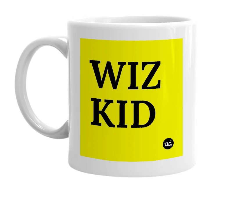 White mug with 'WIZ KID' in bold black letters