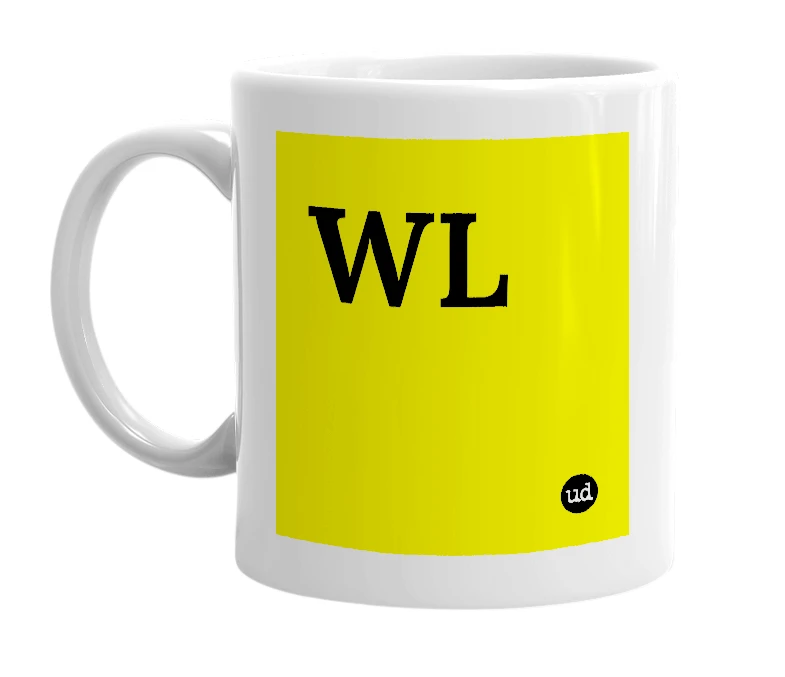 White mug with 'WL' in bold black letters