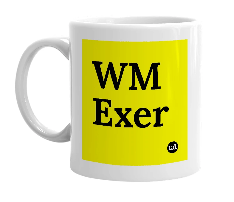 White mug with 'WM Exer' in bold black letters