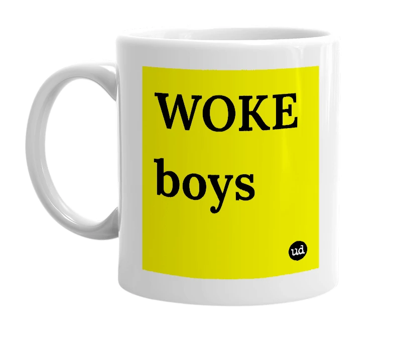 White mug with 'WOKE boys' in bold black letters