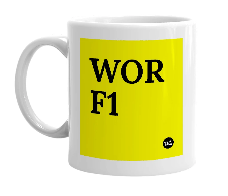 White mug with 'WOR F1' in bold black letters