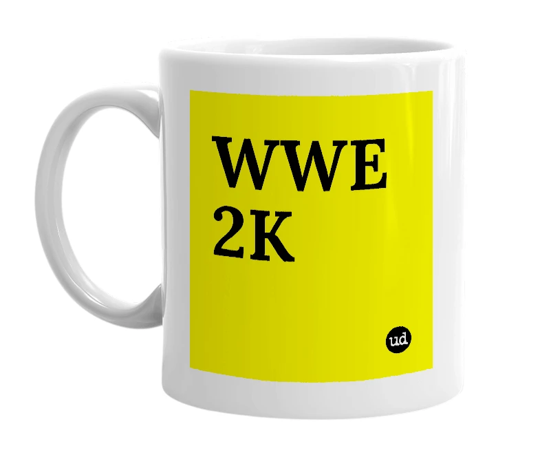 White mug with 'WWE 2K' in bold black letters