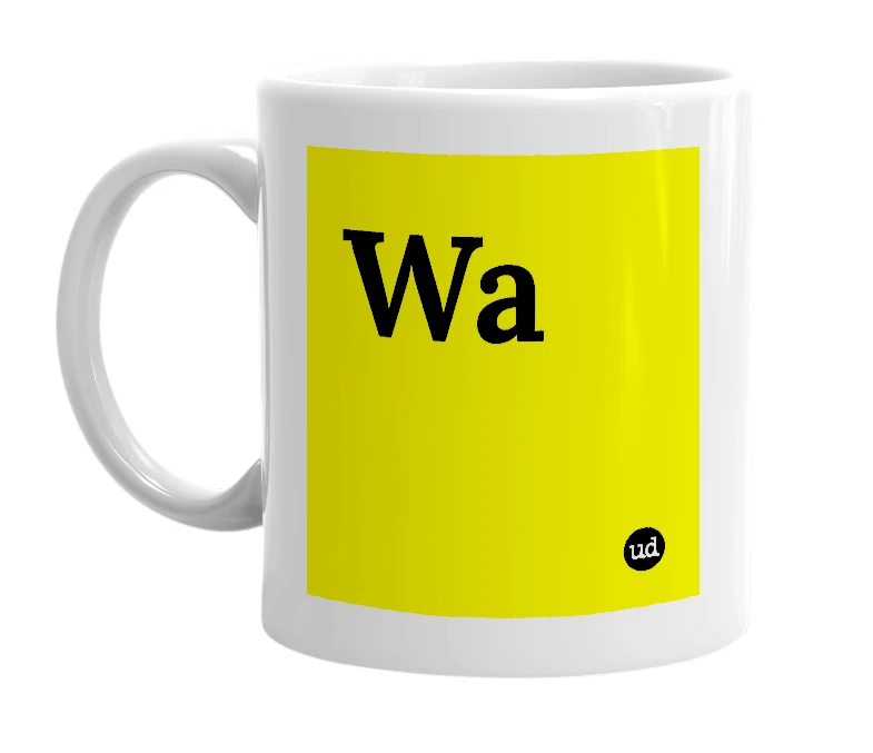 White mug with 'Wa' in bold black letters