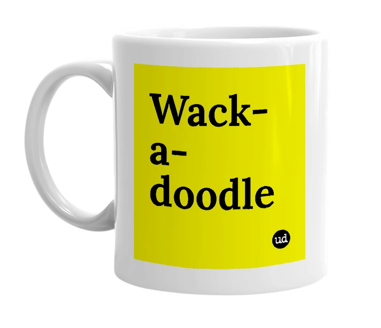 White mug with 'Wack-a-doodle' in bold black letters