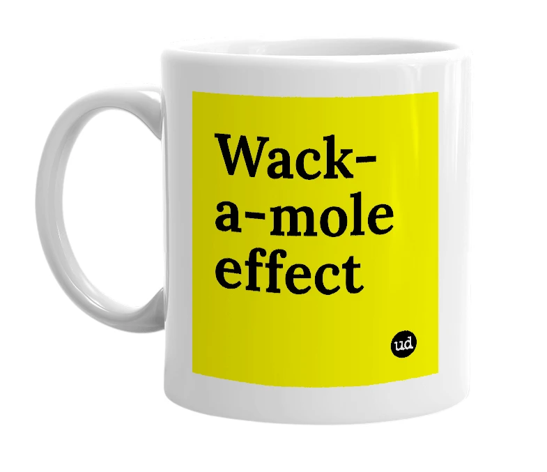 White mug with 'Wack-a-mole effect' in bold black letters