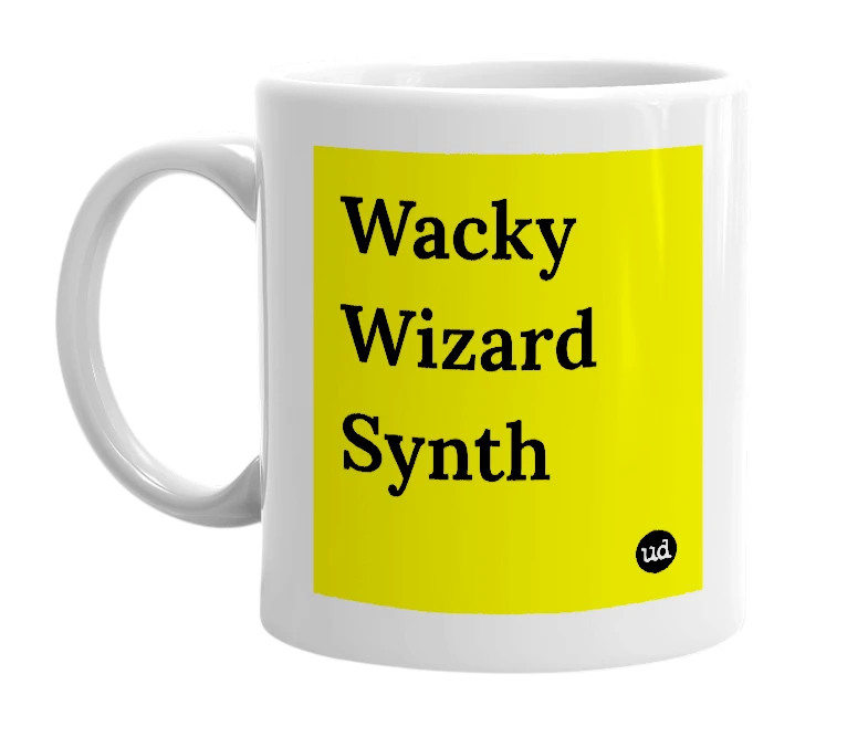 White mug with 'Wacky Wizard Synth' in bold black letters