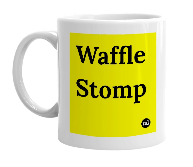 White mug with 'Waffle Stomp' in bold black letters
