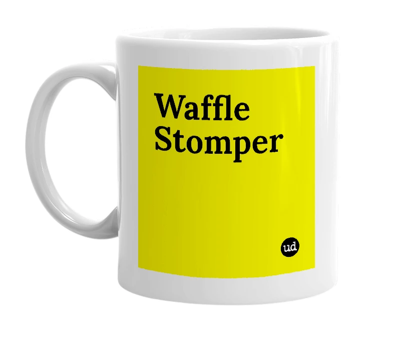 White mug with 'Waffle Stomper' in bold black letters