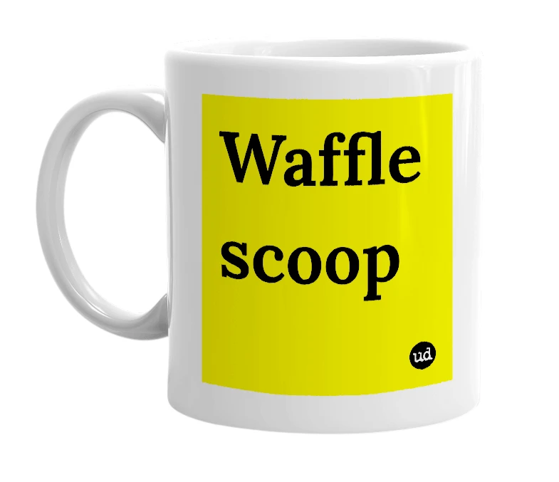 White mug with 'Waffle scoop' in bold black letters