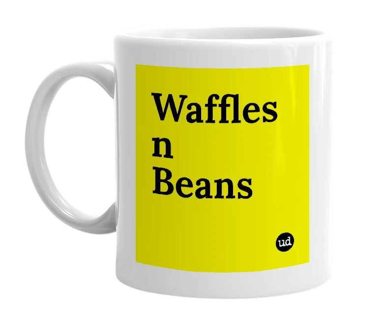 White mug with 'Waffles n Beans' in bold black letters