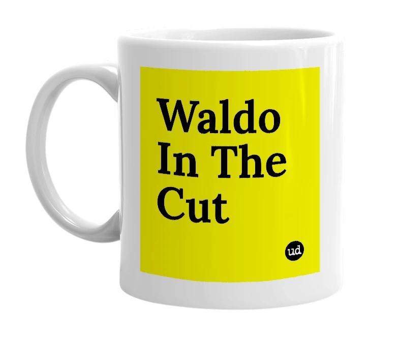 White mug with 'Waldo In The Cut' in bold black letters