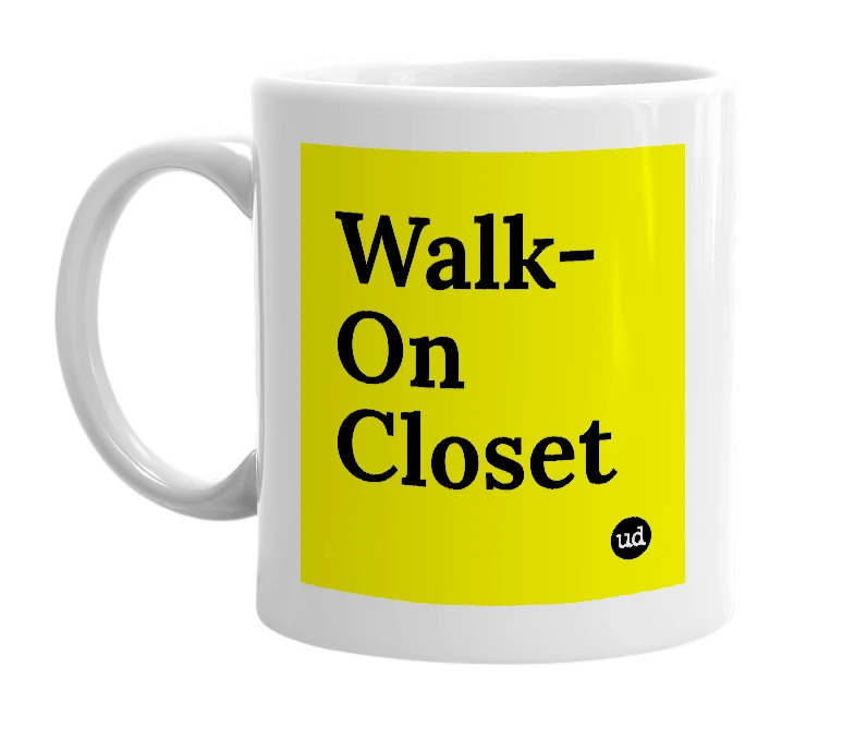 White mug with 'Walk-On Closet' in bold black letters