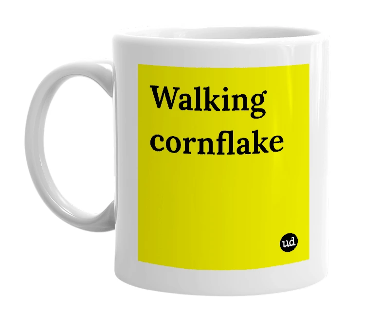 White mug with 'Walking cornflake' in bold black letters