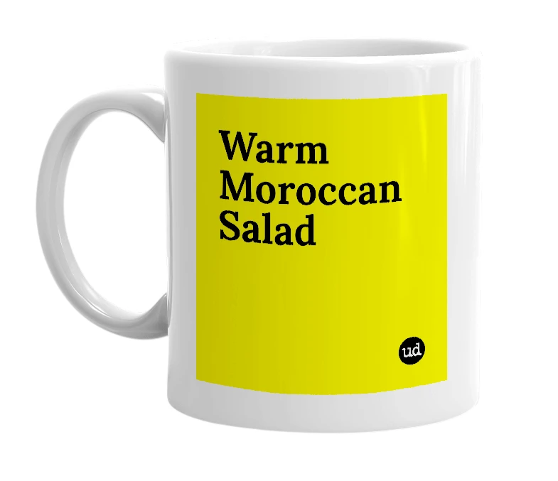 White mug with 'Warm Moroccan Salad' in bold black letters