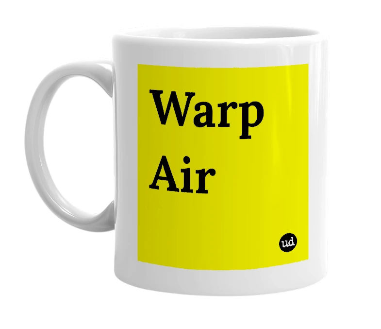 White mug with 'Warp Air' in bold black letters