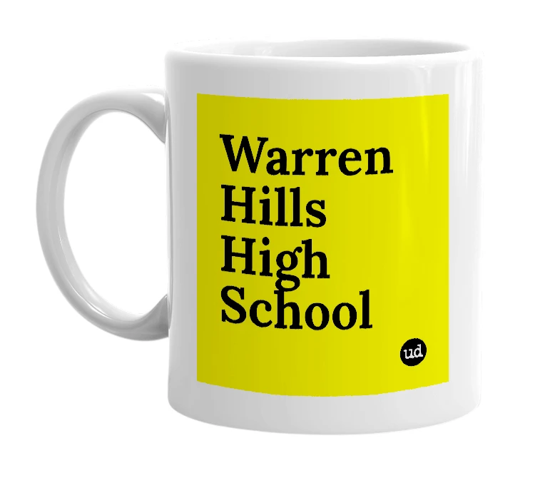 White mug with 'Warren Hills High School' in bold black letters