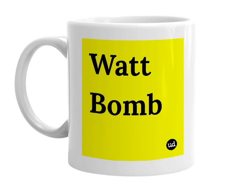 White mug with 'Watt Bomb' in bold black letters