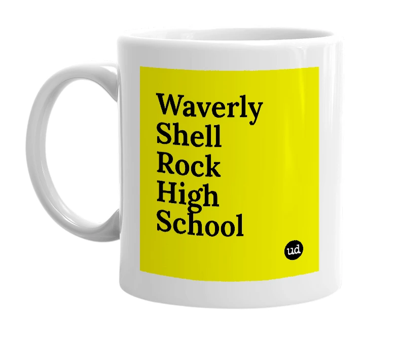 White mug with 'Waverly Shell Rock High School' in bold black letters