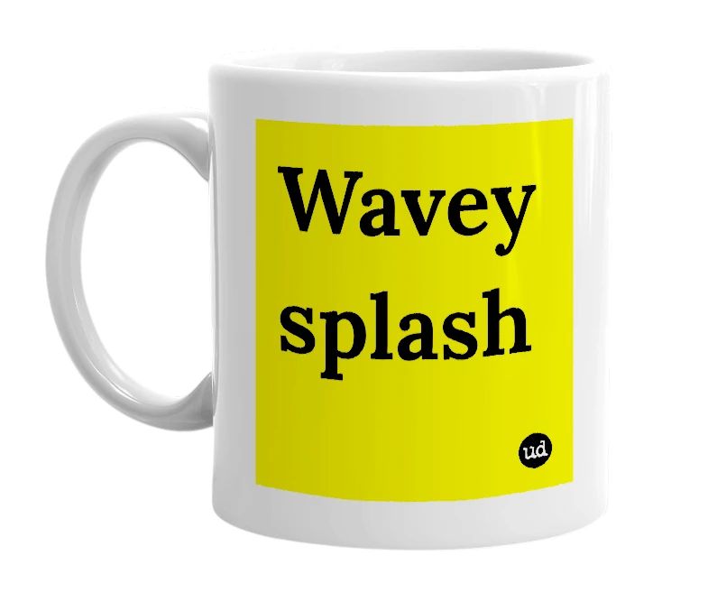 White mug with 'Wavey splash' in bold black letters