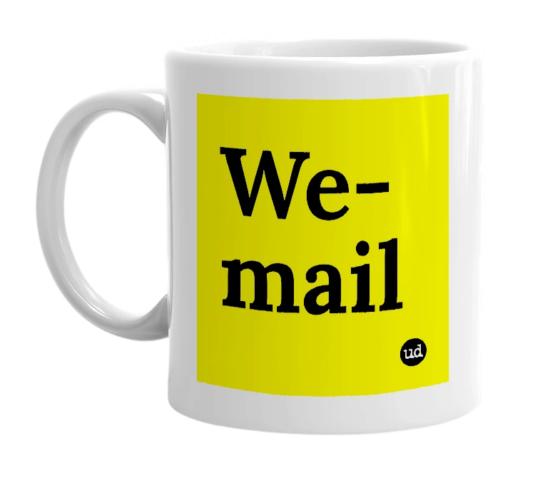 White mug with 'We-mail' in bold black letters